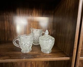 Anchor Hocking Wexford Pattern Clear Cut Glass Sugar Bowl w/Lid and Creamers