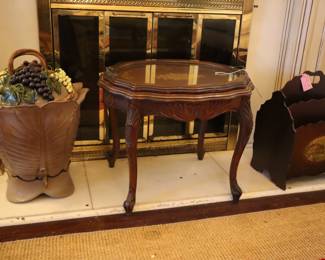 Antique urn with spigot, antique small table, vintage magazine holder, LR