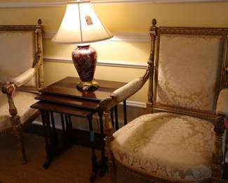 Gold-leaf Louis XVI chairs bought in France in the 1960s by Gloria Sloan Raney for her home on Metzler, c.1800