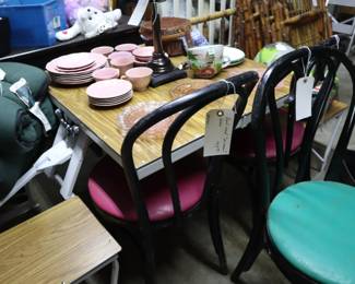 Folding camping picnic table, ice cream bentwood chairs, sleeping bag; Garage