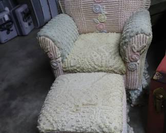 Child's size soft, upholstered chair and ottoman; Garage