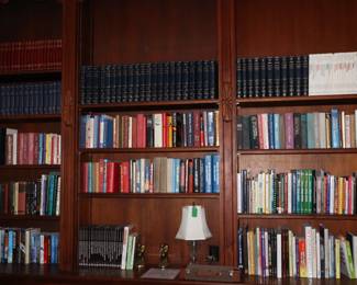 Books, books, and more books in the beautiful wooden detailed den