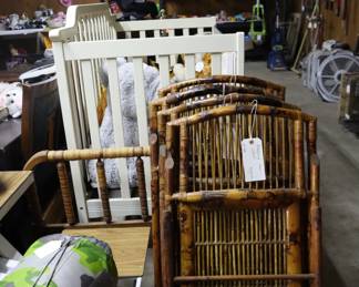 Neat folding cane chairs, twin bed, baby bed; Garage