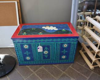 Wooden, painted trunk, wooden wine rack, Back porch