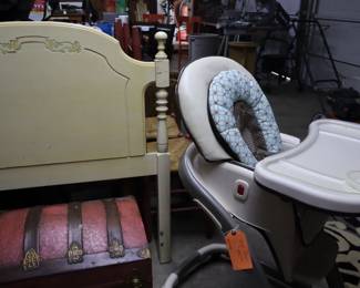 Twin headboard, baby highchair, vintage trunk; Garage