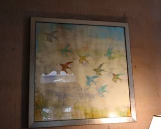 Large watercolor of Birds in Flight, framed w/glass, in den