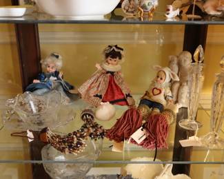 Madame Alexander dolls, fancy tassels, elegant tall perfume crystal bottles,