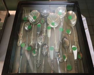 Flat box holding flatware, both sterling and plate items,  DR