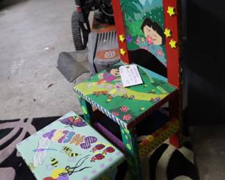 Hand painted child's wooden chair and stool; Garage
