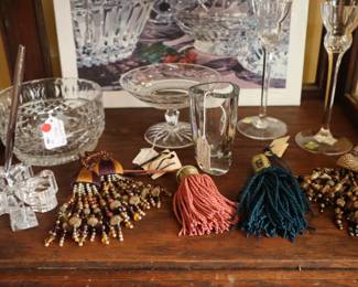 Waterford and other cut glass items, fancy tassels, print of cut glass in back