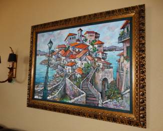"Portoferraio" by Jonas Gerard,  Feb 1998, Village scene (Island of Elba, Italy) Acrylic on canvas 32" x 44"