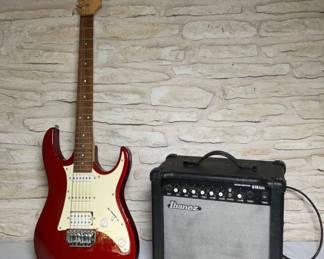Gio Ibanez Red Electric Guitar And Amplifier
