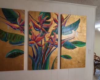 Alison Parsons acrylic gold leaf. Each piece is 48x24 inches. Title of this beautiful piece is called.   
        " Paradise Pageantry"