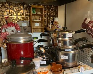 Many kitchen items including pots.