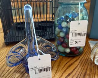 Periwinkle Fenton glass basket, Marbles in vintage Ball jar, Bird cage candleholder
