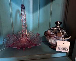 Imperial slag glass candy dish, Glass thistle basket
