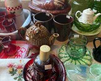 Glass rooster dish, Hull Pottery hen
