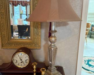 Howard Miller mantle clock, Partylite candlestick holders, Table lamp
