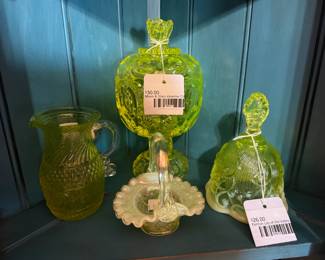 Moon & Stars vaseline compote, Fenton Lily of the Valley bell
