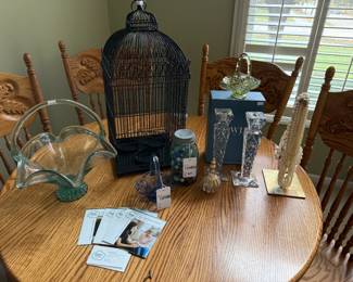 Periwinkle Fenton glass basket, Marbles in vintage Ball jar, Bird cage candleholder
