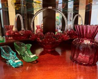 Fenton Country Cranberry glass basket, Fenton art glass green slipper
