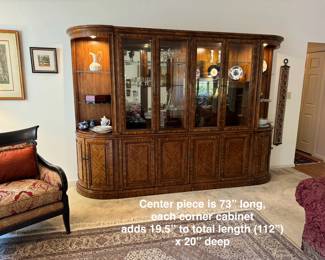 Wow! American of Martinsville lighted breakfront cabinet with pull-out dry bar, and so much storage! Center piece is 73" long, each corner cabinet adds 19.5" to total length (112" x 20" deep)