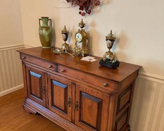SOLID PIECE OF FURNITURE! Fantastic Antique porcelain Franz Hermle 3 piece mantel clock set with key . Canadian furniture company, Canadel credenza/console cabinet. Versatile enough to fit several rooms, Canadel makes absolute quality furniture. See next picture