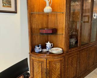 American of Martinsville lighted breakfront cabinet with pull-out dry bar, and so much storage!