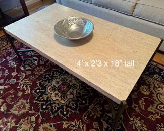 Modern Thomasville Travertine marble coffee table and matching end table. Elevated pieces that will instantly upgrade your room!! These are gorgeous pieces and virtually indestructible, difficult to harm. I love travertine. Very modern, clean look. Coffee table is 49x27x18.
