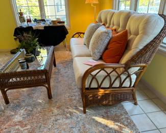 Braxton-Culler rattan, wicker "sunroom" couch (North Carolina) and matching coffee table. Purchased from Carter's in March 2023. Paid $1800+. Incredible quality, Braxton-Culler is one of the best