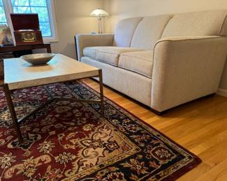 LIKE-NEW couch by CraftMaster. In EXCELLENT CONDITION. Seldom used. Couch is 82" x 39" deep x 37". Modern Thomasville Travertine marble coffee table and matching end table.
