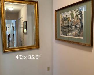 Beautiful beveled decorative mirror, 4'2 x 35.5". See next picture for close-up. Very pretty set of framed, signed and numbered, etchings dated 1964. Signed Roger Hebelinck. This one is one of three.