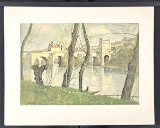 The Bridge Mantes by Jean Baptiste Corot Vintage Lithograph on Art Paper 23.5" x 19"