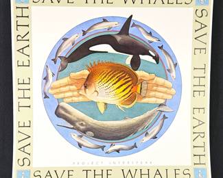 Save the Whales Promotional Litho Poster Designed by Thomas Wilkes, President of Project Interspeak 22.5" Square