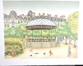 Bernard VERCRUYCE Paris: Café du square, kiosque,1986 Lithograph 29.5" x 22"