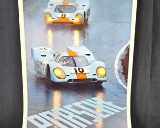 Original Vintage Lithographic Poster Porsche Gulf 917's at Brands Hatch 1970 - Printed by LooArt, Colorado Springs