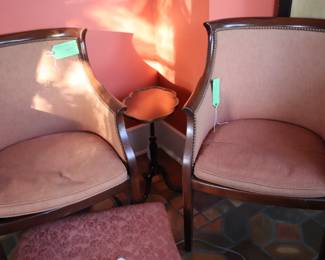 Hickory Chair occasional chairs, extremely classic and comfortable, with an antique footstool with original fabric and bun feet and a tiny mahogany oval table with tiny pedestal. On south sunporch.