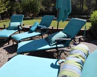Outside of garage: 4 chaise lounges, 2 tables, 1 umbrella