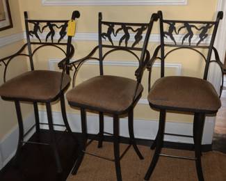 Stone County Iron Works, 4 bar stools with dancers in the back of each. Swivel seats, in LR.