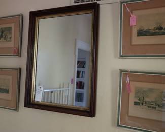 Antique prints in vintage framing with a nice old mirror. This wall is upstairs in the northeast bedroom.