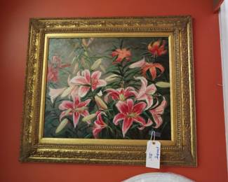 Fabulous oil painting with gilt frame of lilies, in the sun room porch.