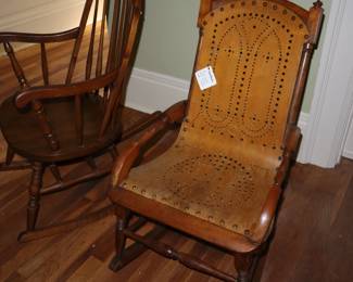Two wonderful vintage rocking chairs. The Windsor on the left is small to use in a bedroom. The handmade, unique one, totally wood with nailhead trim is out of this world! It is small enough for a nursery but special enough to show anywhere! These are on the upstairs landing.