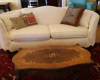French table with inlay and brass corners