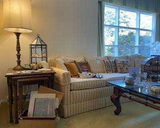 Striped Sofa, Heritage nesting table set, Kingman Furniture Company Coffee Table, Needlepoint Pillow, Crewel Pillow, Throw Pillows

