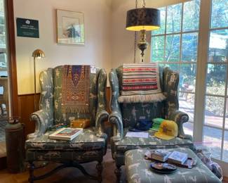Nailhead Wingback Chair with Ottoman, Camacho Cigar Box Purse, Brass Clam Lamp
