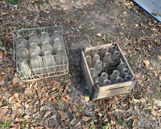 Vintage Milk Bottles/wooden and Metal Crates