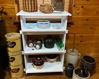 Chalk Painted Adjustable Shelf.
50+ Tins
Native American baskets