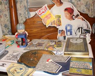 Dallas Cowboys collection, 1992 Championship plaque, Christmas album, books, cookbooks, Troy Ackman Lays life size cardboard cutout, clocks, toys, socks, etc
