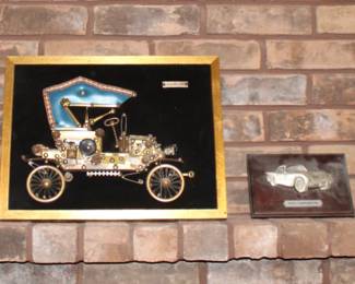 Metal train and car art work, car beer stein