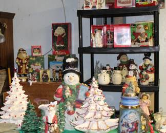Huge Christmas Collection-Ceramic lighted trees, Santas, new in box Santas, Snowman, linens, new boxes of holiday stoneware, mugs, and MUCH MORE!